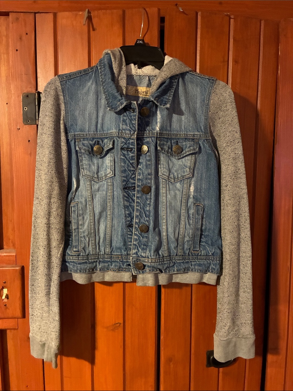 Hybrid & company Blue Denim Jacket with Gray Knit Sleeves